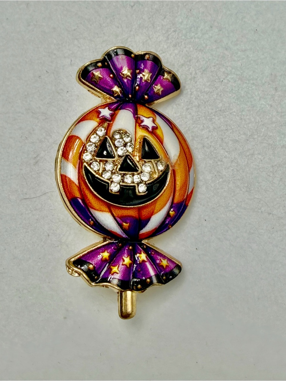 Halloween Candy Jack-O'-Lantern Crystal Pin - Purple & Orange #H08